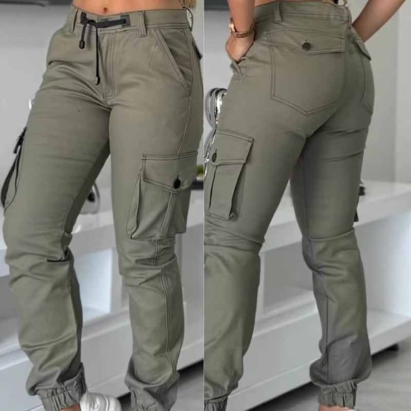 High-Waisted Cargo Pants - Non-See-Through Work Pants With Drawstring Waist Multi-Pocket Slim