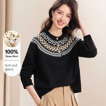 Womens Retro Fair Isle Knit Sweater With Buttons And A Crew Neck