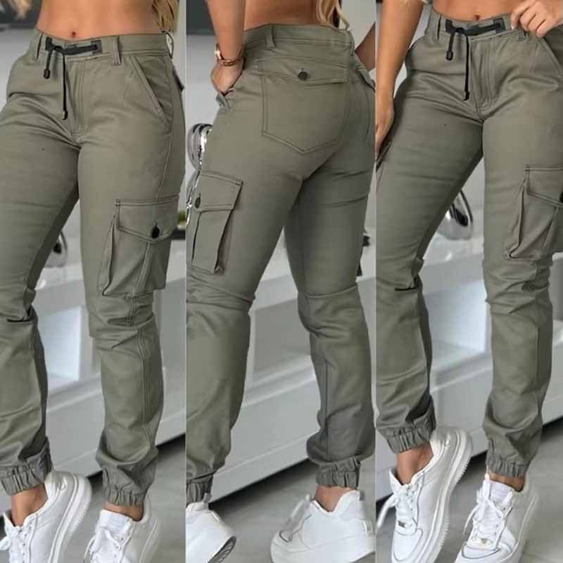 High-Waisted Cargo Pants - Non-See-Through Work Pants With Drawstring Waist Multi-Pocket Slim