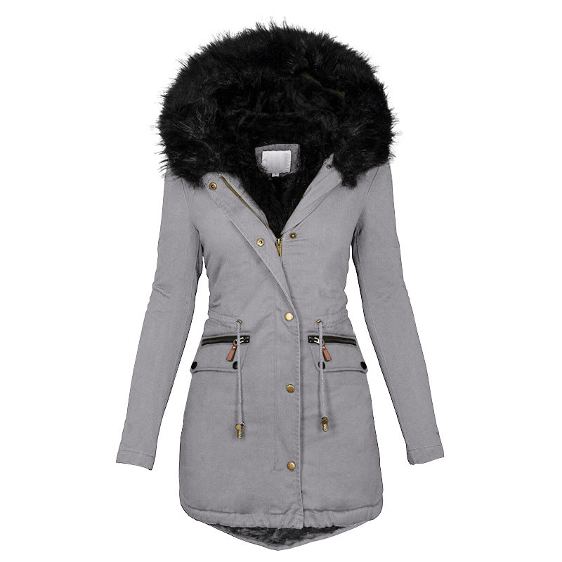 Winter Warm Thick  Zip-up Jackets Casual Mid-length Solid Buckle Pockets Coat
