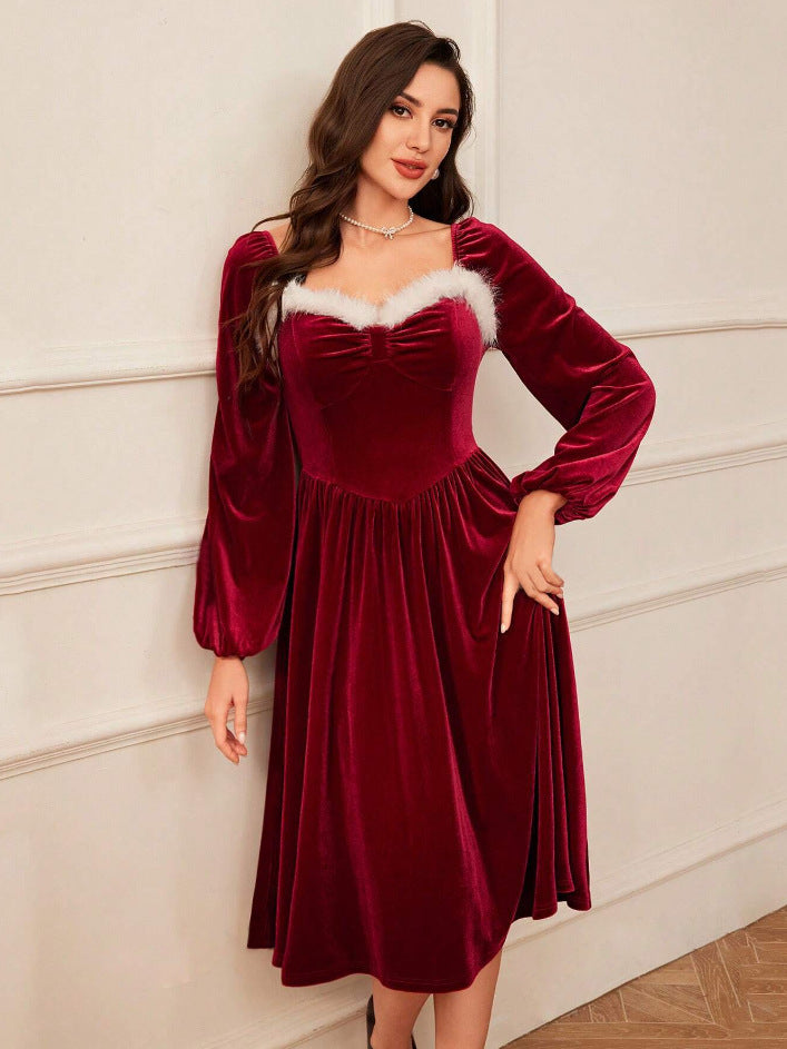 Vintage Christmas Party Long Sleeve Red Velvet Dress Square Collar Dress Elegant