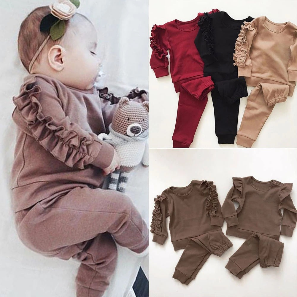 Baby Boys Girls Ruffles Jumper Solid Long Sleeve Sweatshirt Tops Pants Infant Kids 2Pcs Outfits Clothes