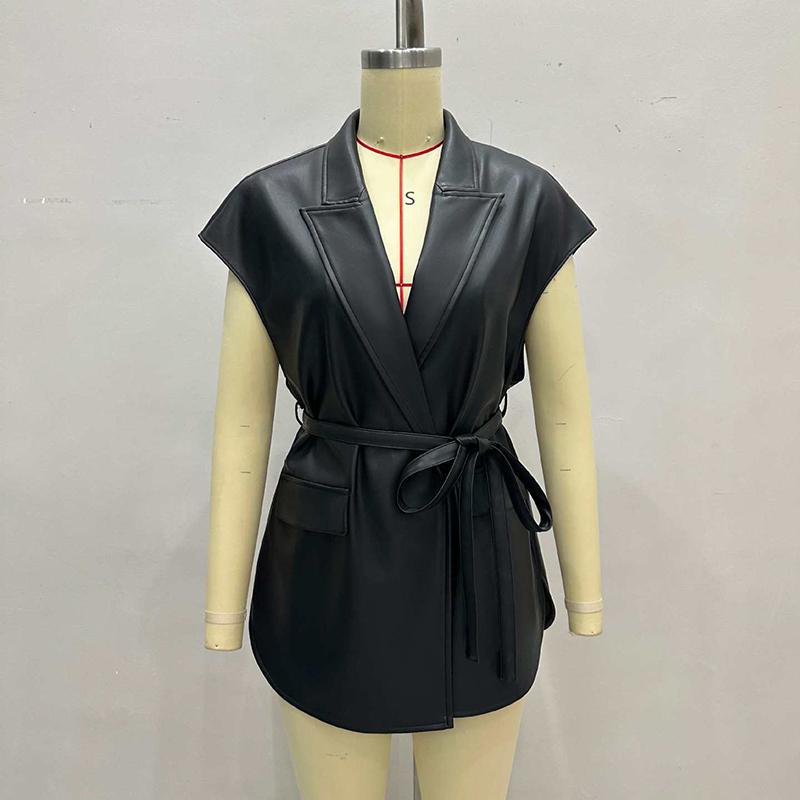 Leather Vest, Lapel Collar Sleeveless Casual Work Jacket With Belt