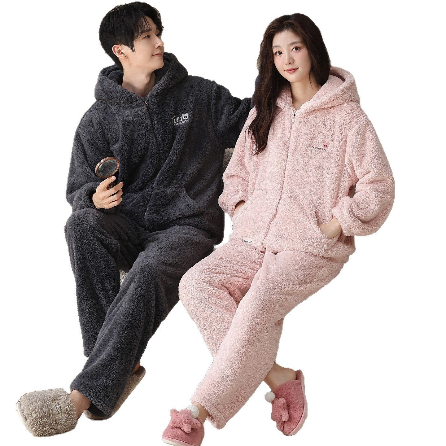 Plush Couple Pajamas Casual Zipper Hooded Outerwear