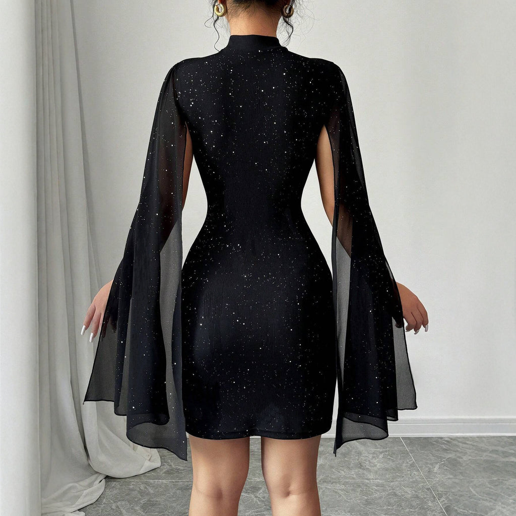 Ribbed Pearl Chiffon Cape Bodycon Dress