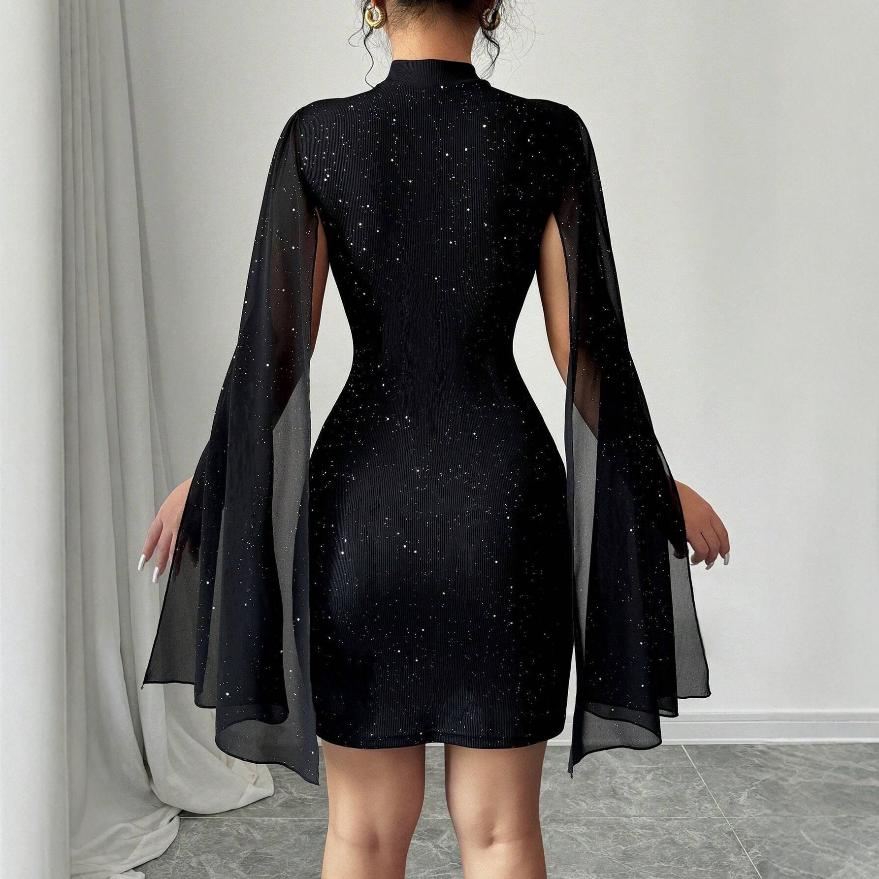 Ribbed Pearl Chiffon Cape Bodycon Dress