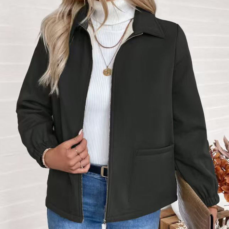 Fleece Jacket, Lapel Collar Cuff Sleeve Zip-Up Coat With Pockets For Casual Winter