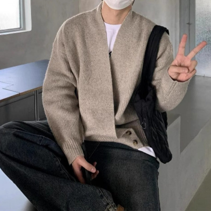 Relaxed-fit V-neck Knit Jacket Versatile And Minimalist Style