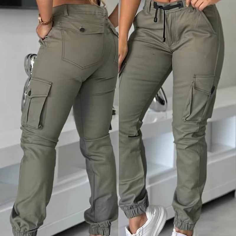 High-Waisted Cargo Pants - Non-See-Through Work Pants With Drawstring Waist Multi-Pocket Slim