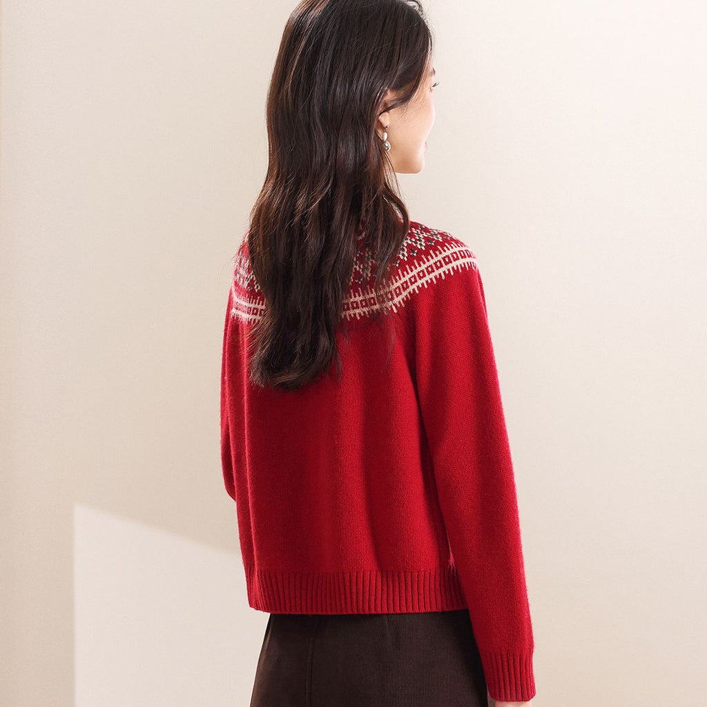 Womens Retro Fair Isle Knit Sweater With Buttons And A Crew Neck