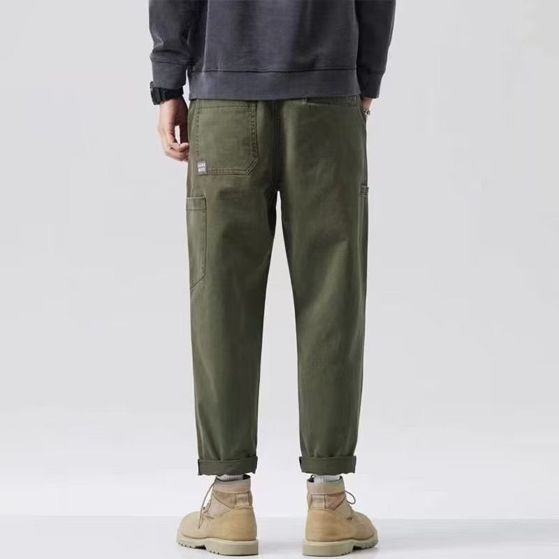 Solid-Color Straight-Leg Mid-Waist Work Pants