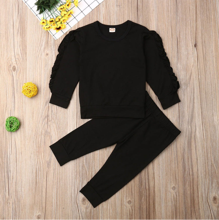 Baby Boys Girls Ruffles Jumper Solid Long Sleeve Sweatshirt Tops Pants Infant Kids 2Pcs Outfits Clothes