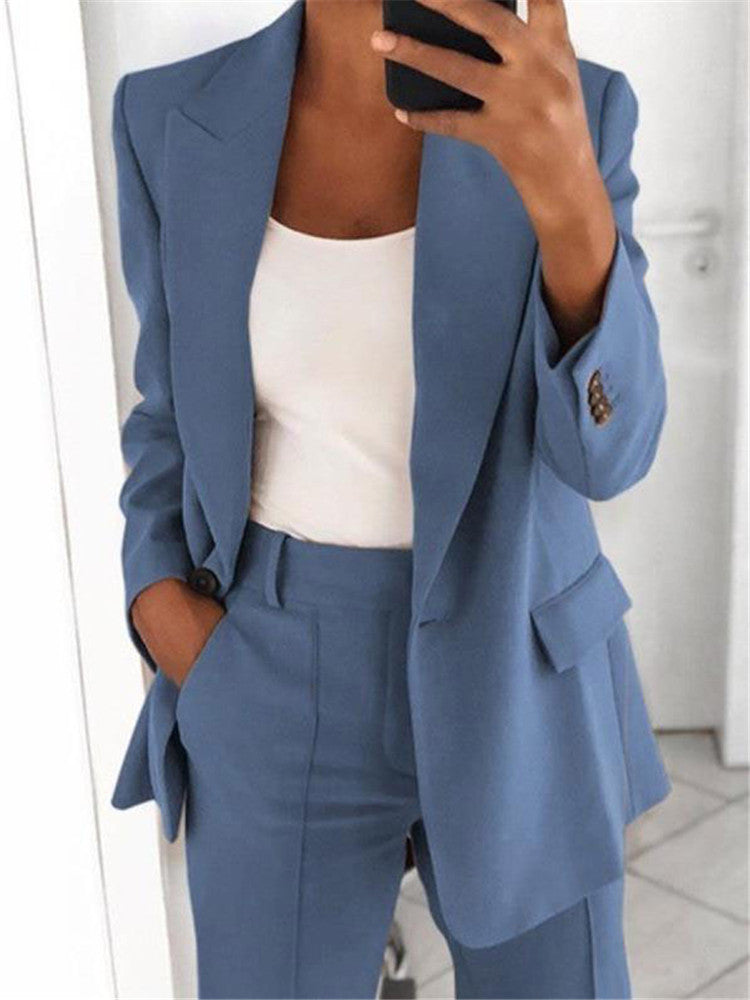 Casual Suit Fashion Long-sleeved Lapel Blazer Jacket And Slim-fit Pocket Trousers