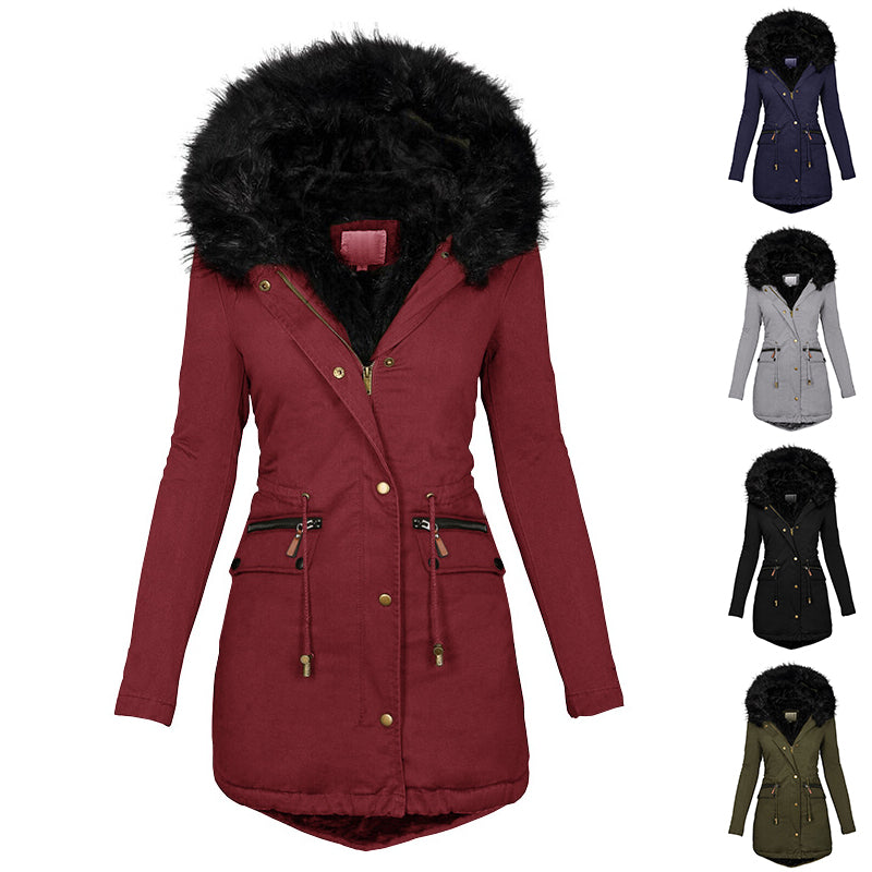 Winter Warm Thick  Zip-up Jackets Casual Mid-length Solid Buckle Pockets Coat