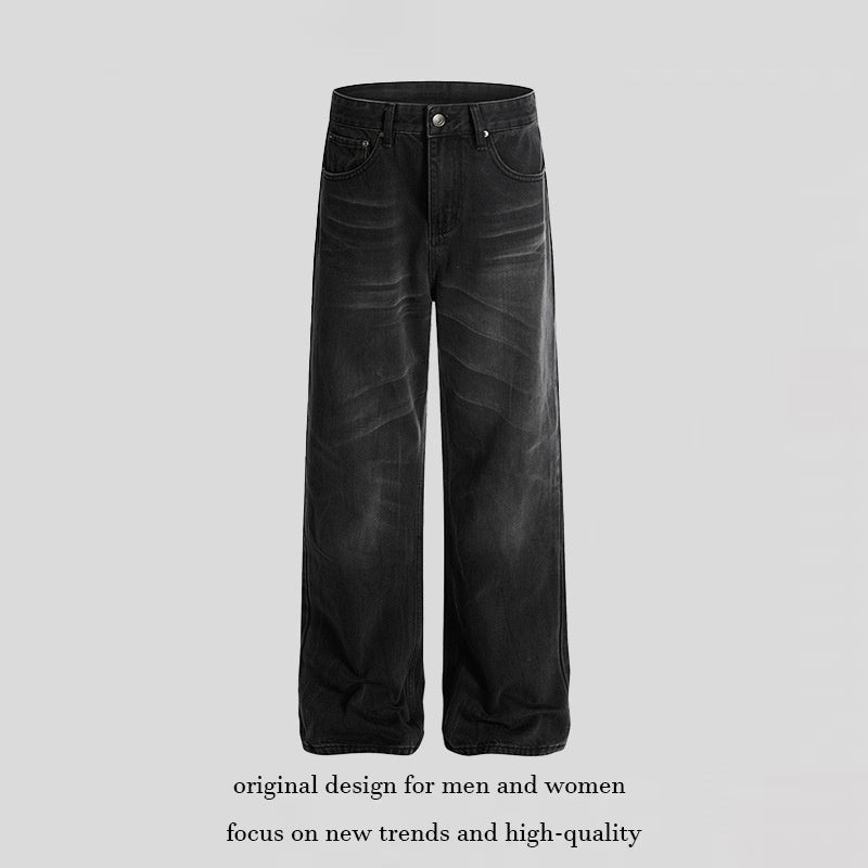 Retro Whisker-washed Distressed Straight-leg Denim Jeans