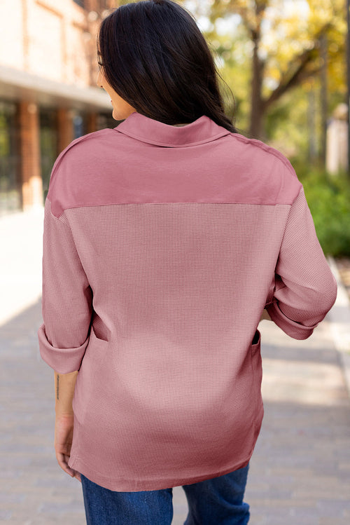Pink Waffle Long Sleeve Collared Half Button Relaxed Fit Top