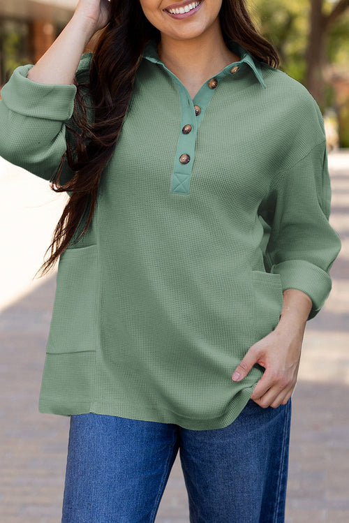 Pink Waffle Long Sleeve Collared Half Button Relaxed Fit Top