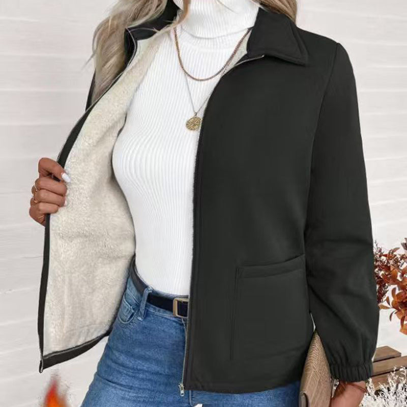 Fleece Jacket, Lapel Collar Cuff Sleeve Zip-Up Coat With Pockets For Casual Winter
