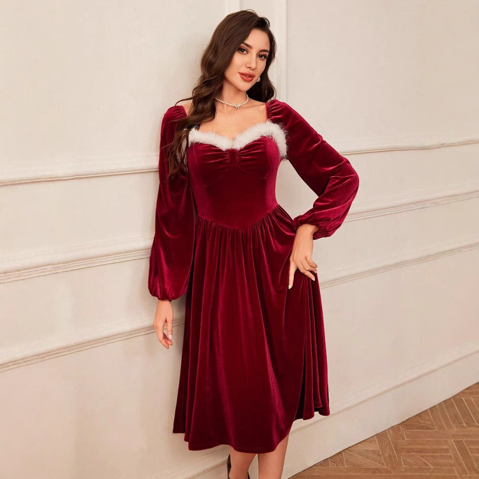 Vintage Christmas Party Long Sleeve Red Velvet Dress Square Collar Dress Elegant