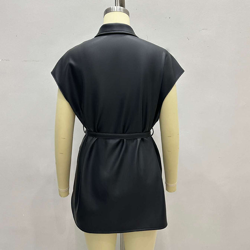 Leather Vest, Lapel Collar Sleeveless Casual Work Jacket With Belt