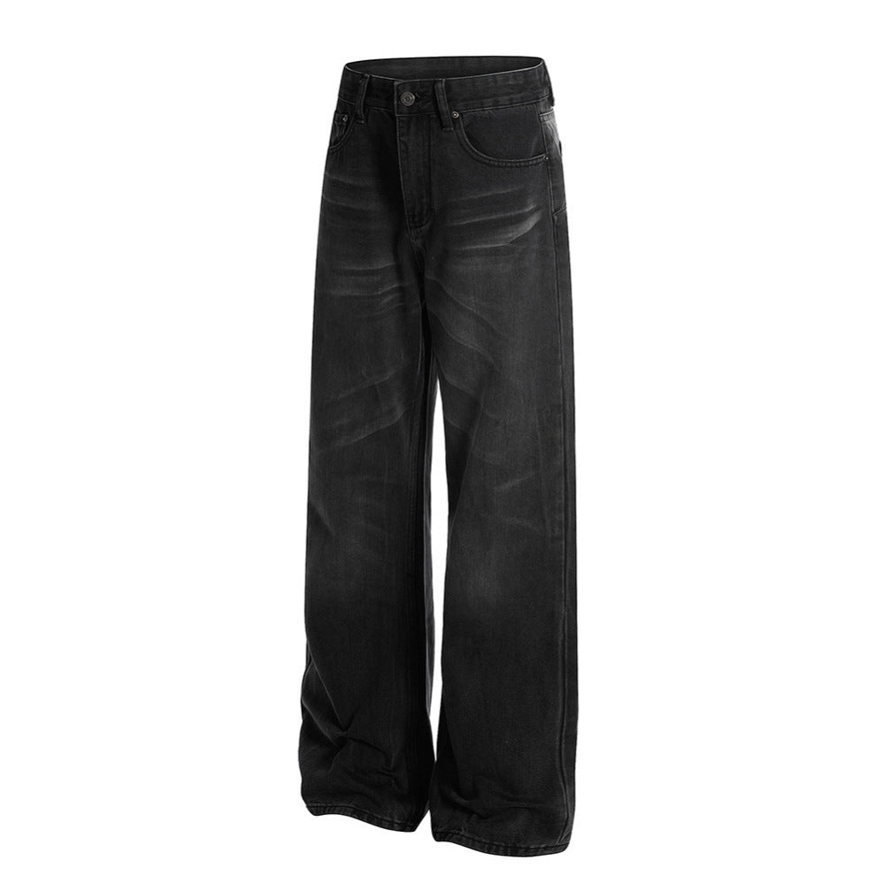 Retro Whisker-washed Distressed Straight-leg Denim Jeans