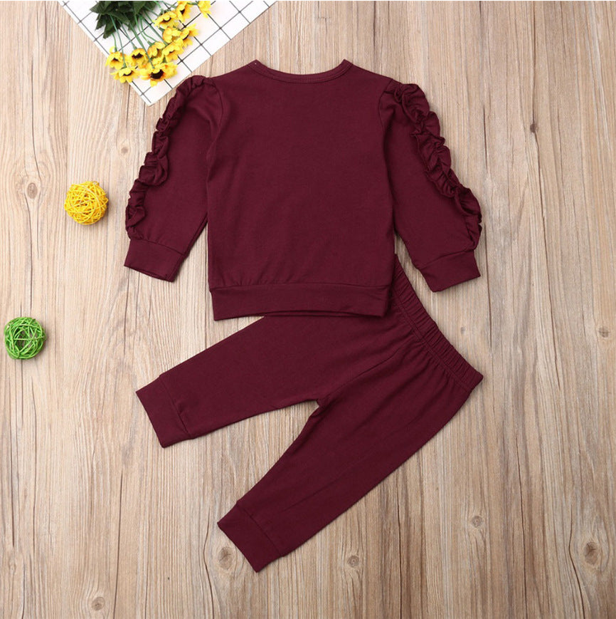 Baby Boys Girls Ruffles Jumper Solid Long Sleeve Sweatshirt Tops Pants Infant Kids 2Pcs Outfits Clothes