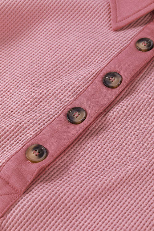 Pink Waffle Long Sleeve Collared Half Button Relaxed Fit Top