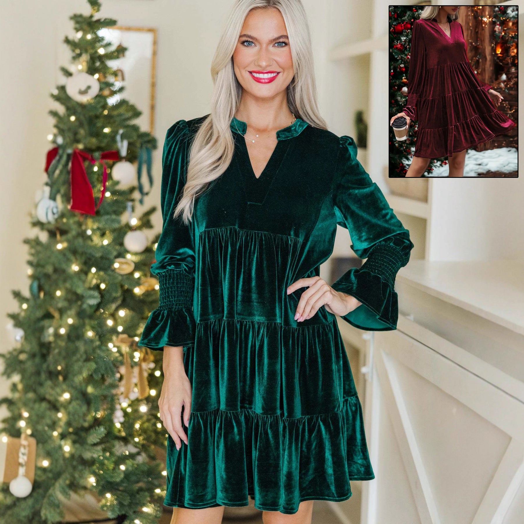 Long Sleeve Christmas Skirt Velvet Cake Dresses With Puffy Sleeves