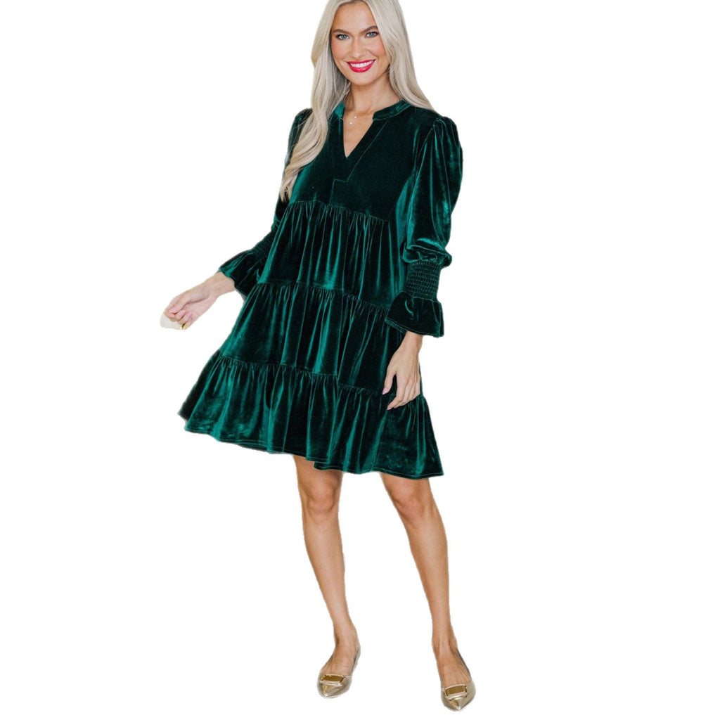 Long Sleeve Christmas Skirt Velvet Cake Dresses With Puffy Sleeves