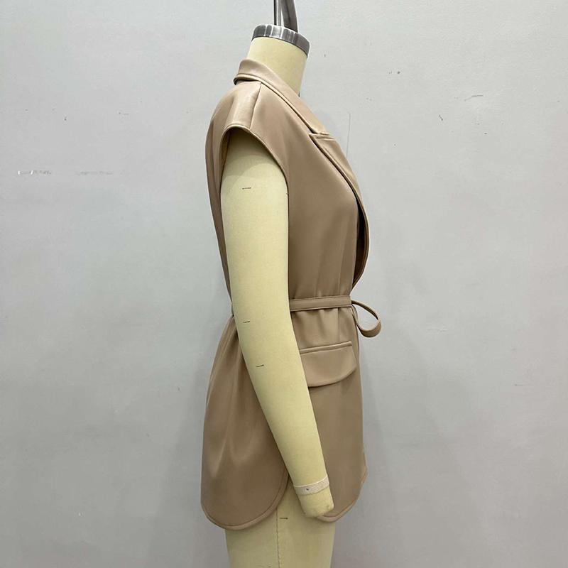 Leather Vest, Lapel Collar Sleeveless Casual Work Jacket With Belt