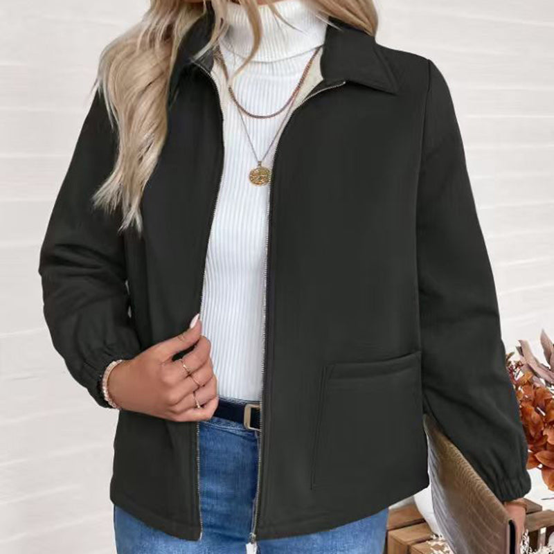 Fleece Jacket, Lapel Collar Cuff Sleeve Zip-Up Coat With Pockets For Casual Winter