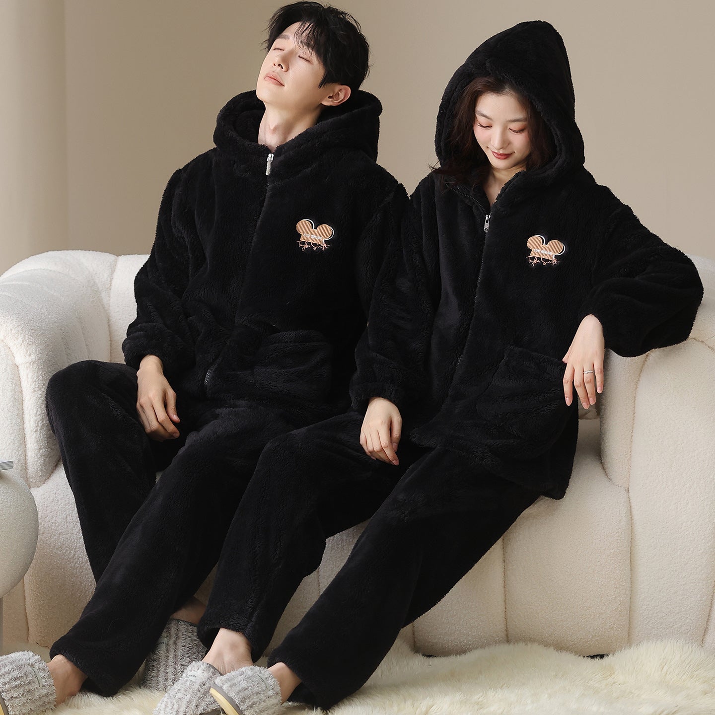 Plush Couple Pajamas Casual Zipper Hooded Outerwear