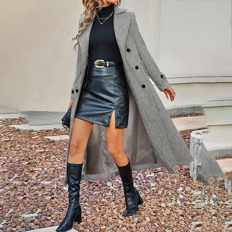 Fall Winter Double Breasted Wool Coat Long Sleeve Notch Lapel Midi Long Trench Coat