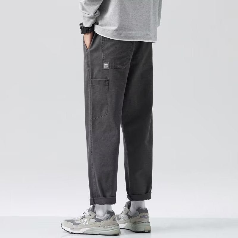Solid-Color Straight-Leg Mid-Waist Work Pants