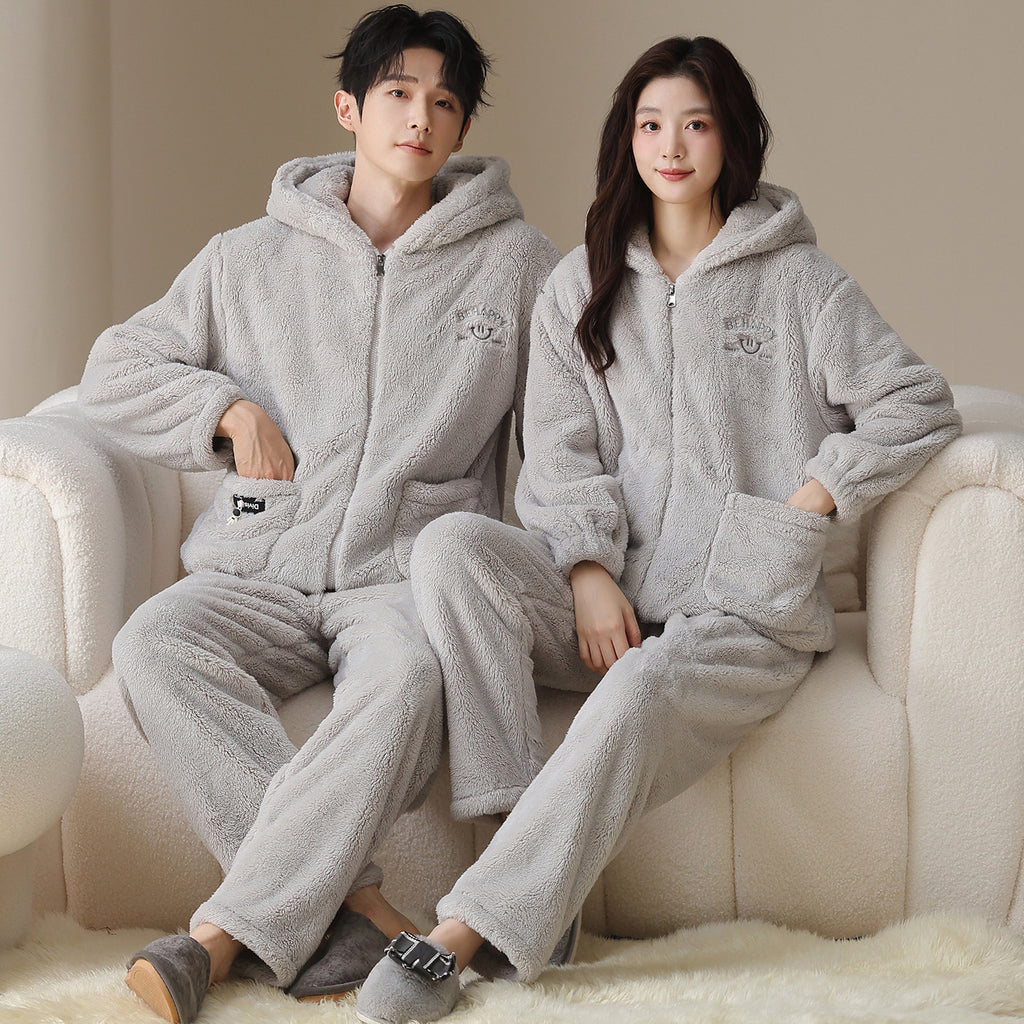 Plush Couple Pajamas Casual Zipper Hooded Outerwear