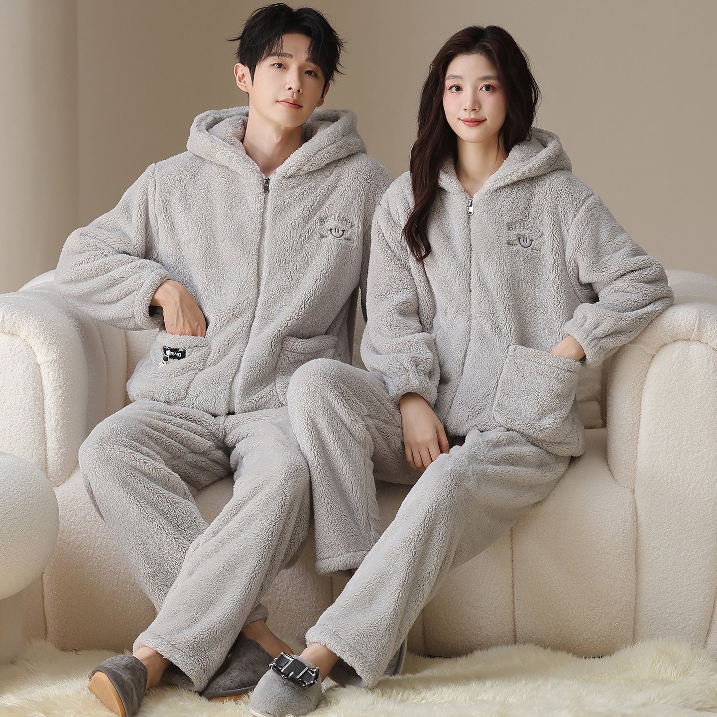 Plush Couple Pajamas Casual Zipper Hooded Outerwear