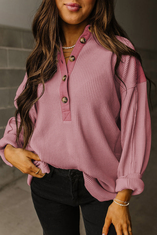 Pink Waffle Long Sleeve Collared Half Button Relaxed Fit Top
