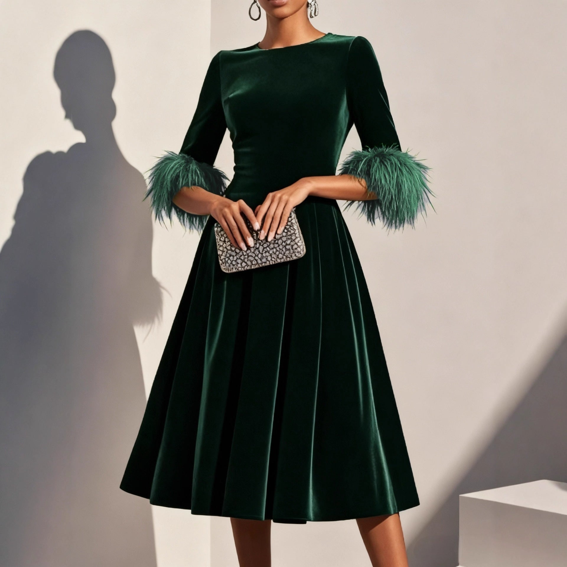 Elegant AutumnWinter Round-Neck Velvet Dress For Women