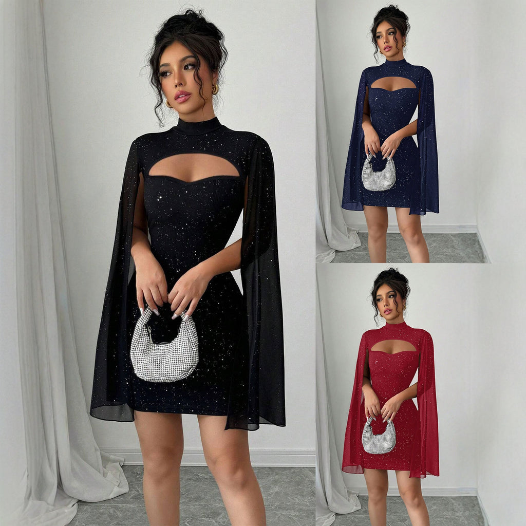 Ribbed Pearl Chiffon Cape Bodycon Dress