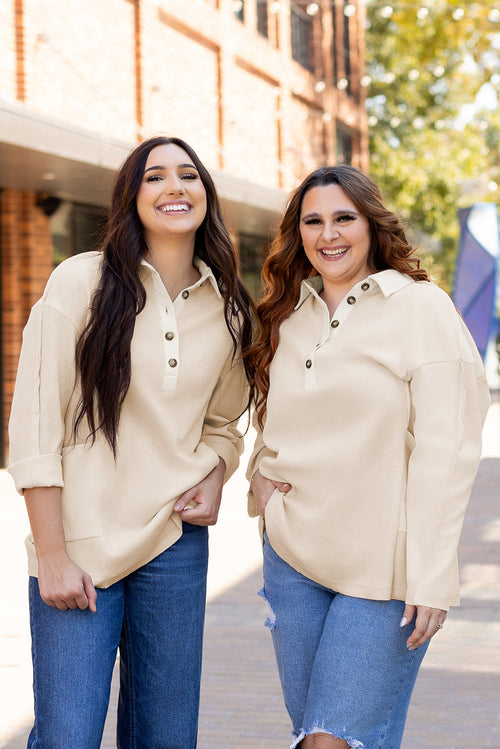 Pink Waffle Long Sleeve Collared Half Button Relaxed Fit Top