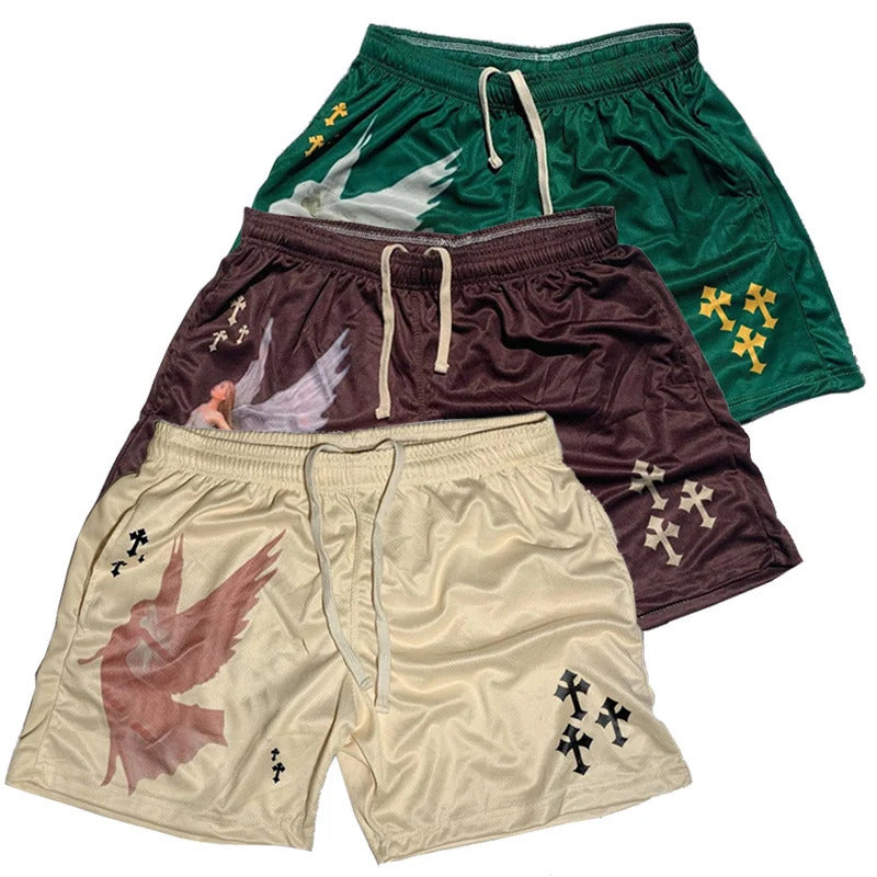 Vintage Angel Cross Print Mesh Shorts Men's Athletic Shorts