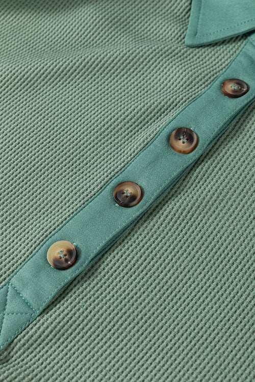 Pink Waffle Long Sleeve Collared Half Button Relaxed Fit Top