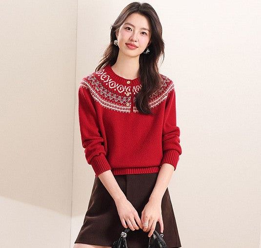 Womens Retro Fair Isle Knit Sweater With Buttons And A Crew Neck