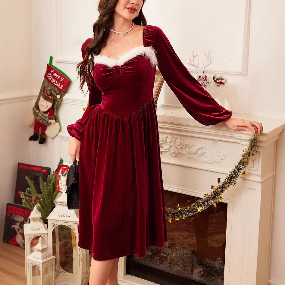 Vintage Christmas Party Long Sleeve Red Velvet Dress Square Collar Dress Elegant