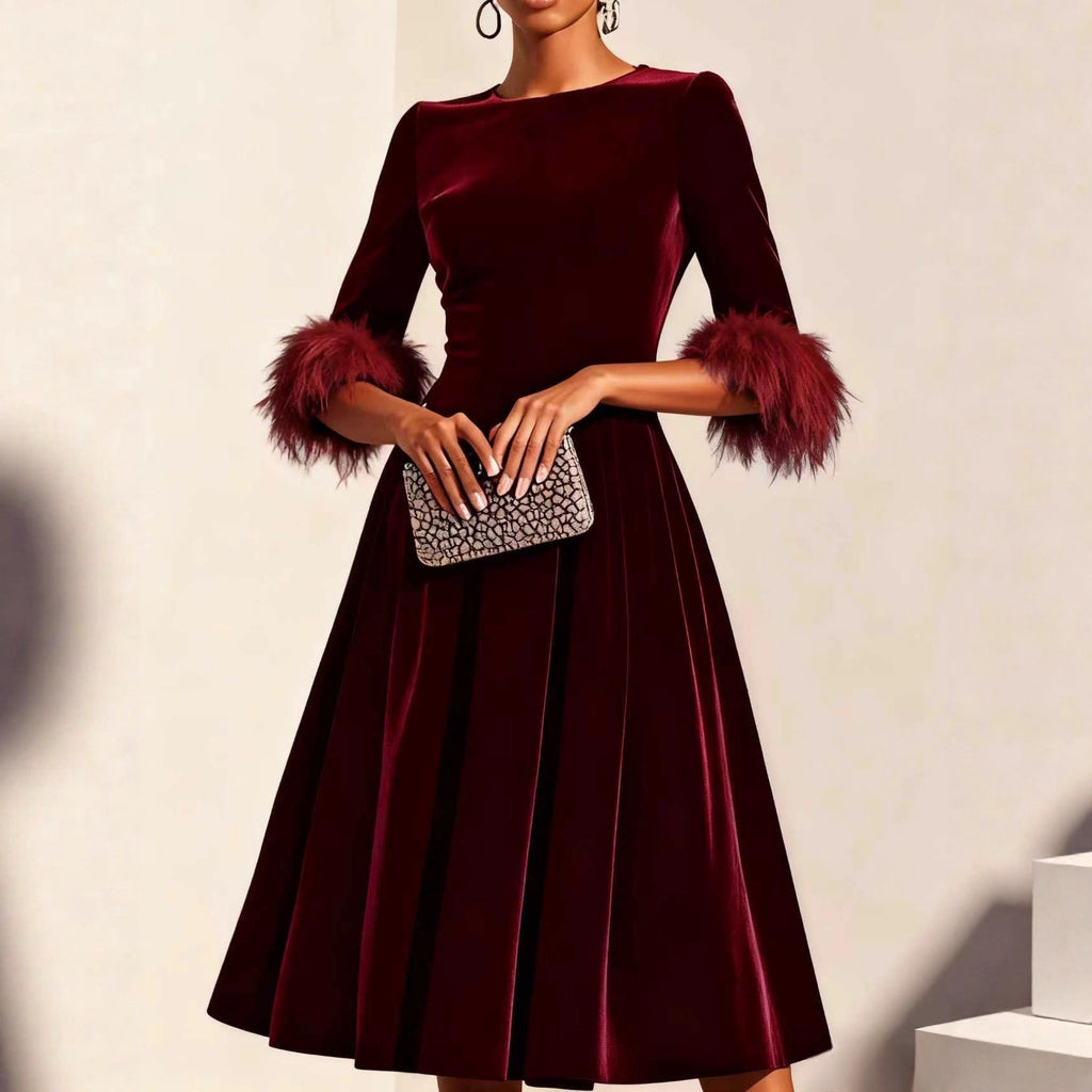 Elegant AutumnWinter Round-Neck Velvet Dress For Women