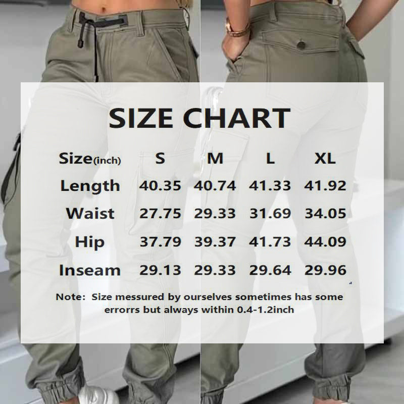 High-Waisted Cargo Pants - Non-See-Through Work Pants With Drawstring Waist Multi-Pocket Slim