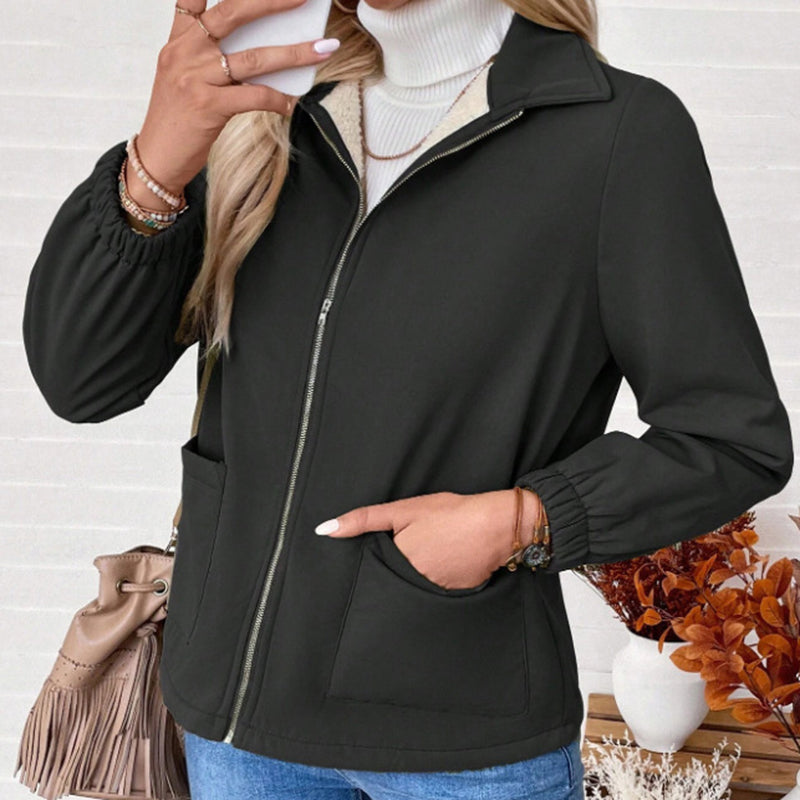 Fleece Jacket, Lapel Collar Cuff Sleeve Zip-Up Coat With Pockets For Casual Winter