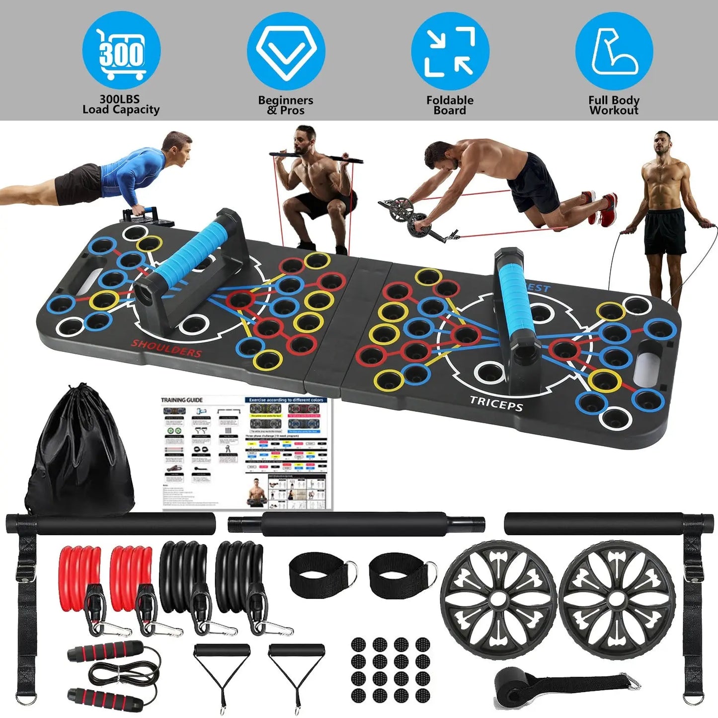 Multifunctional Push Up Board Home Strength Training Equipment With 15 Fitness Accessories Pilates Bar Resistance Band Roller Wheel Full Body Workout Home Gym Equipment Aura Heaven