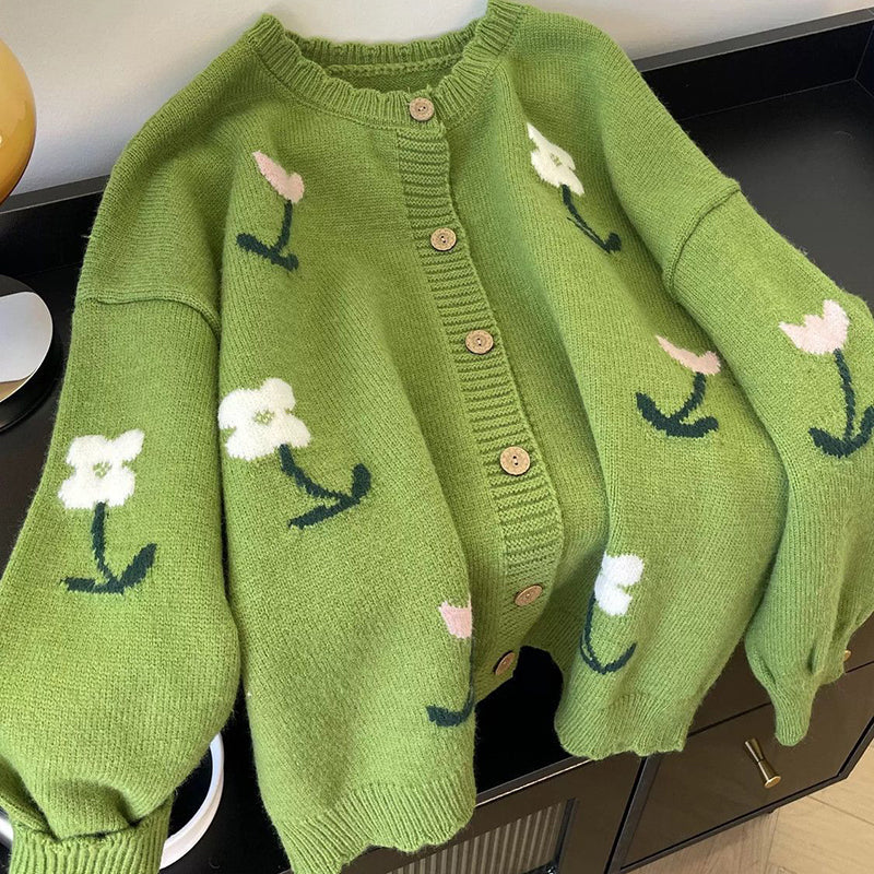 Floral Cardigan Sweater Open Front Long Sleeve Button Down Outerwear