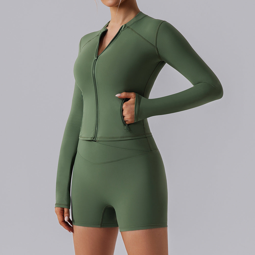 Women's Long Sleeve Zipper Yoga Top – detail view | Aura Heaven